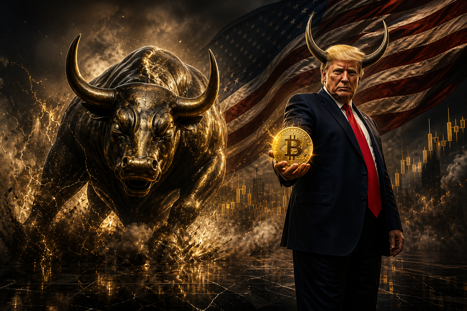 Trump with bull horns beside a charging bronze bull, Bitcoin, and the American flag
