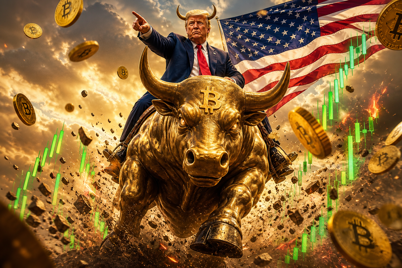 Trump riding a Bitcoin-branded bull through candlestick charts