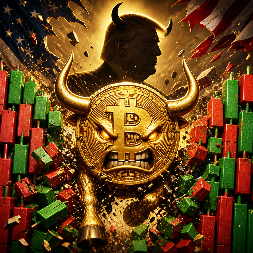 Bitcoin coin with bull horns charging through a candlestick wall