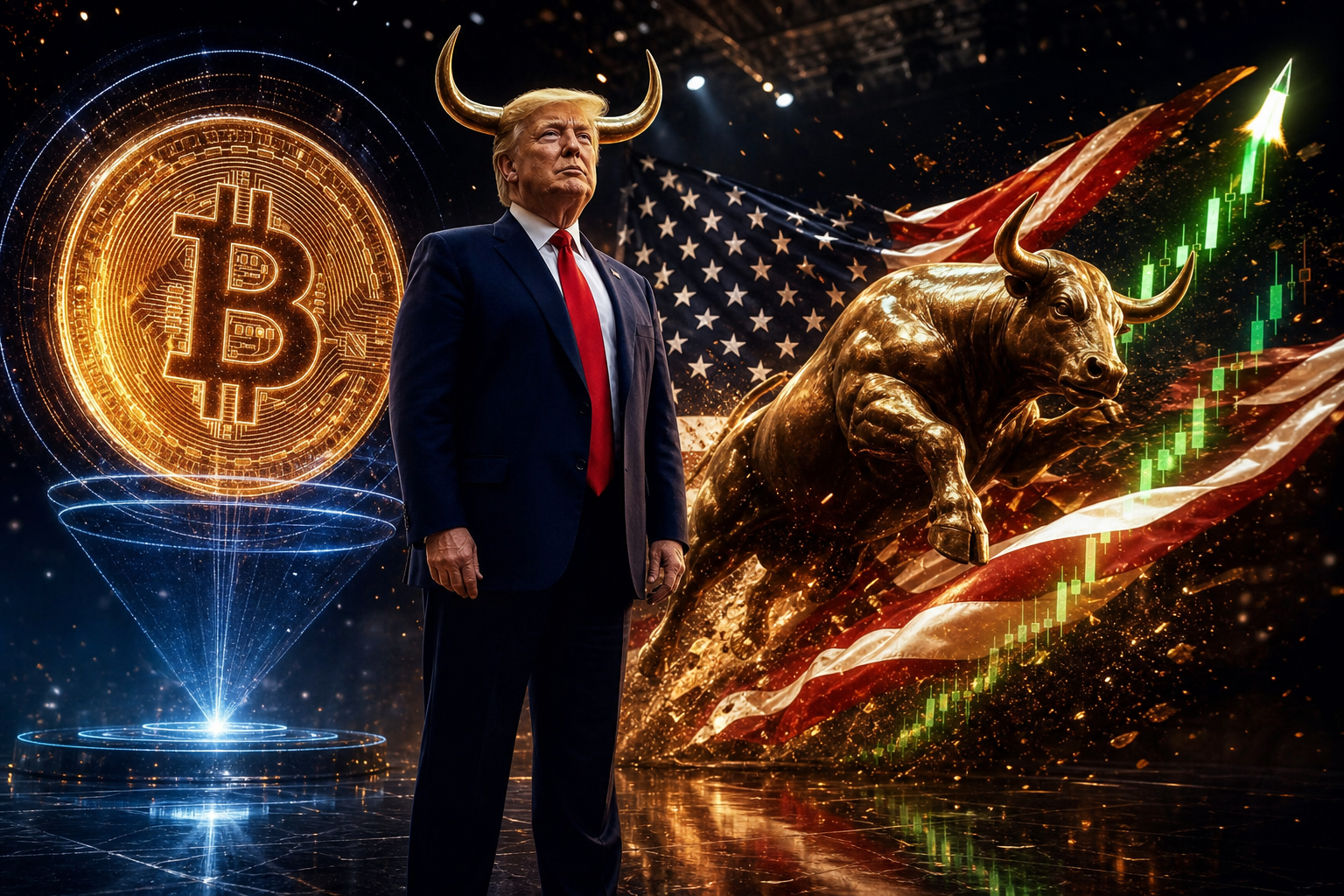 Trump on stage with a Bitcoin hologram and charging bull