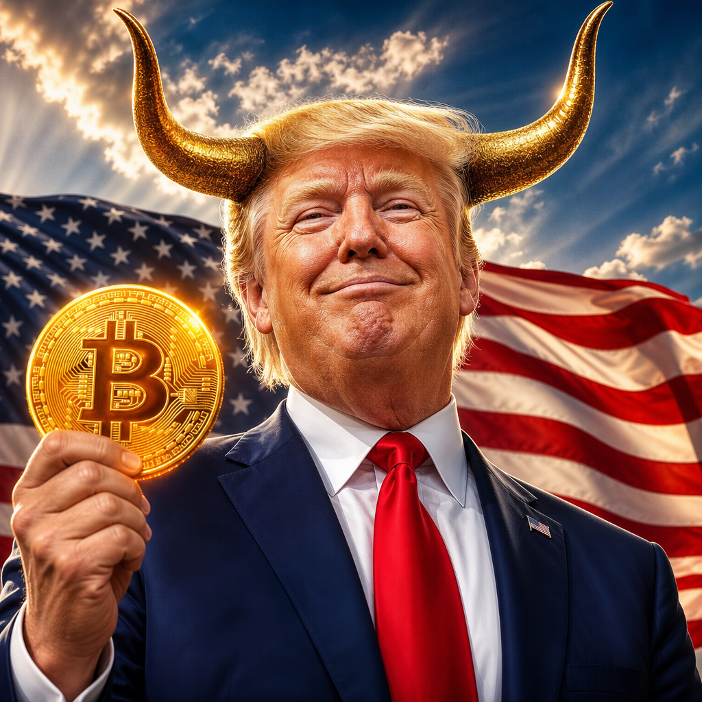 Trump with bull horns holding a giant Bitcoin