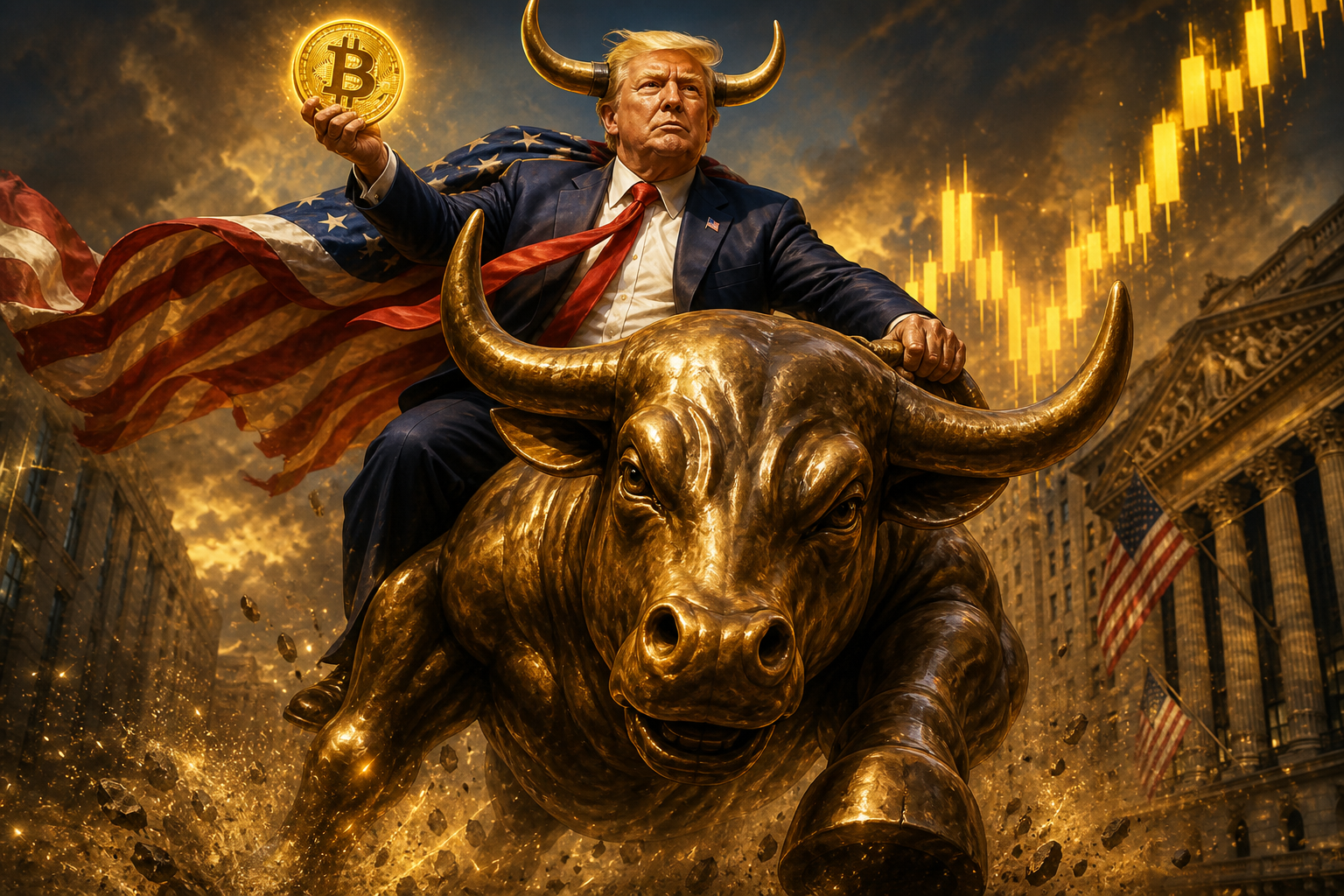 Trump with bull horns riding a charging bronze bull, holding Bitcoin
