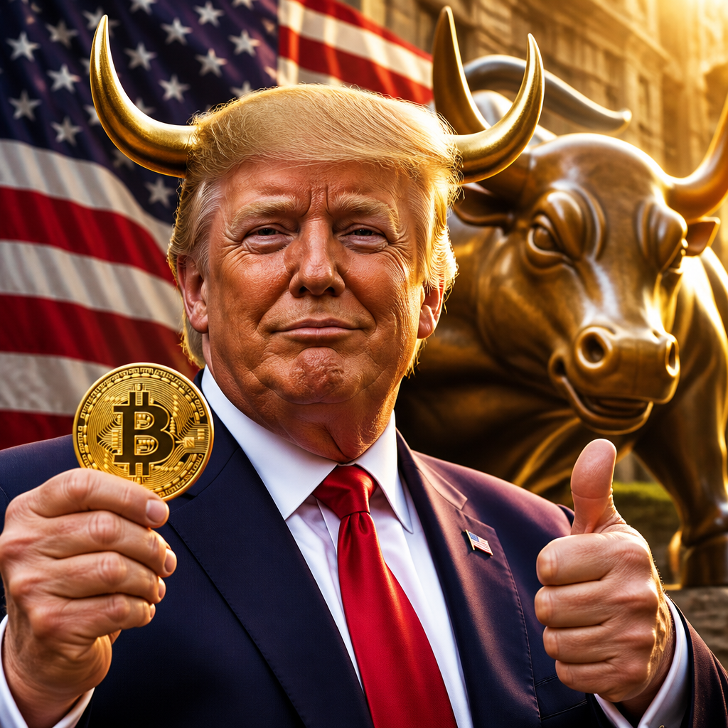 Trump with bull horns giving a thumbs up while holding Bitcoin