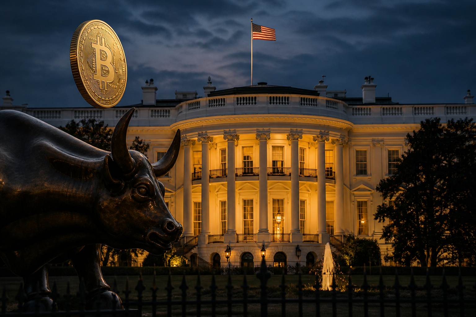 White House at dusk with Bitcoin and a charging bull